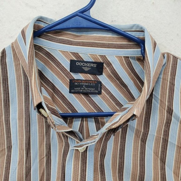 DOCKERS Shirt Men's Long Sleeve Casual Button Up Striped Easy Care Brown Large - Picture 7 of 12